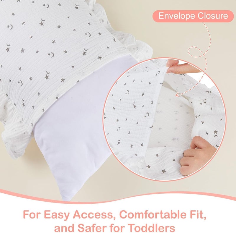 Basumee Toddler Pillowcase 13x18 inch 2 Pack Muslin Pillow Covers for Boys and Girls Soft Breathable Ruffle Edge Pillow Case with Envelope Closure Travel and Nursery Bedding Decor, White Stars - Image 5